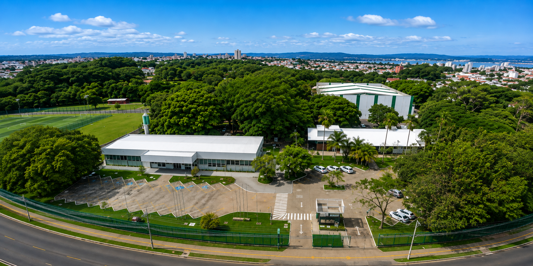 Centro social e esportivo do SESI com fachada verde e azul