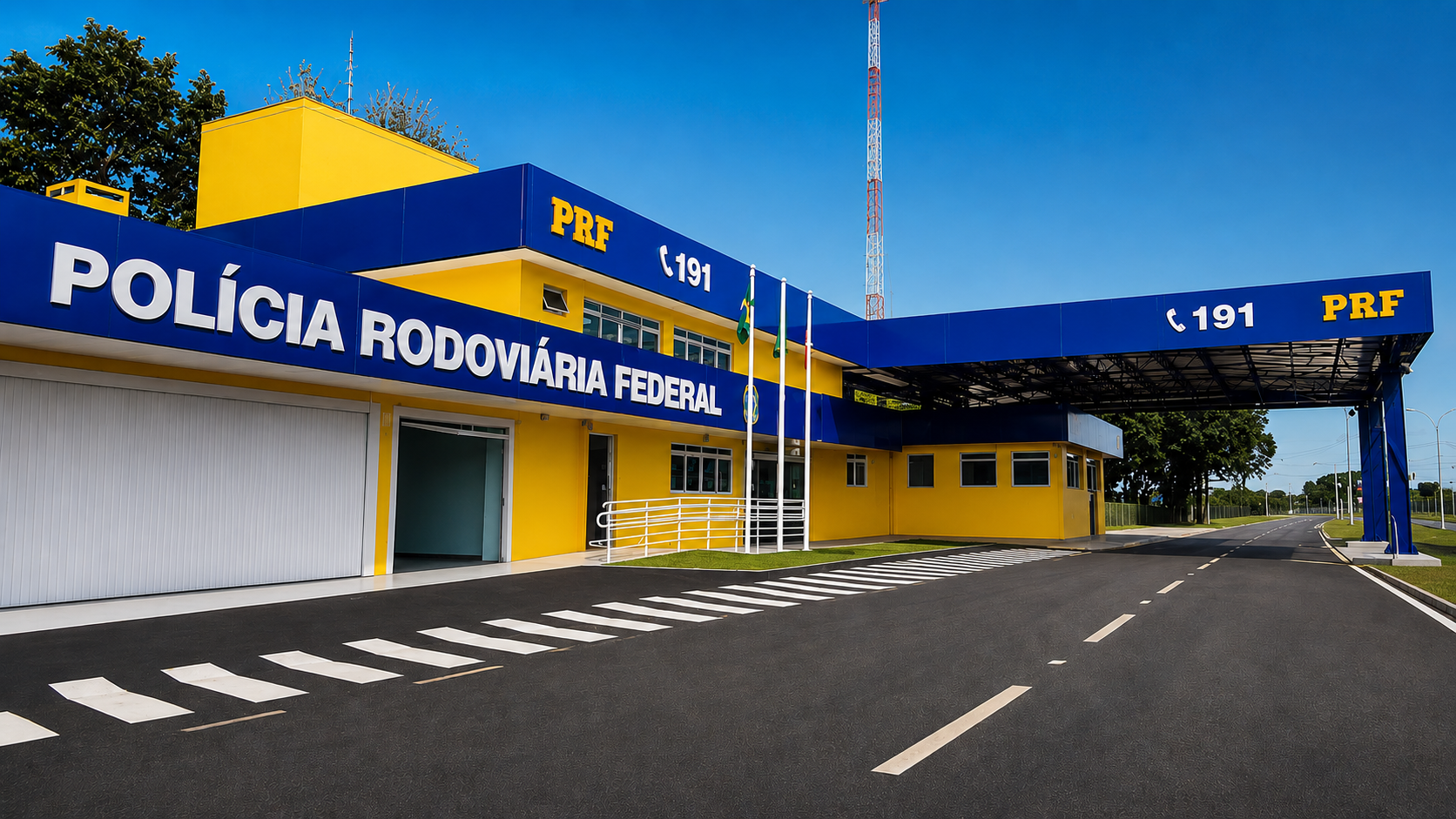 Posto da Polícia Rodoviária Federal amarelo e azul