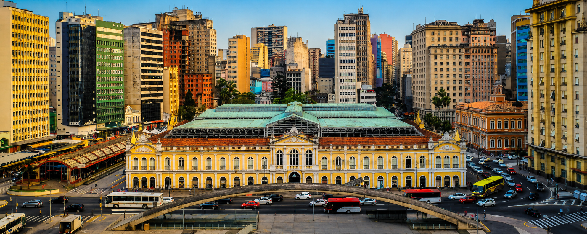 Vista aérea do Mercado Público de Porto Alegre com centro da cidade ao fundo