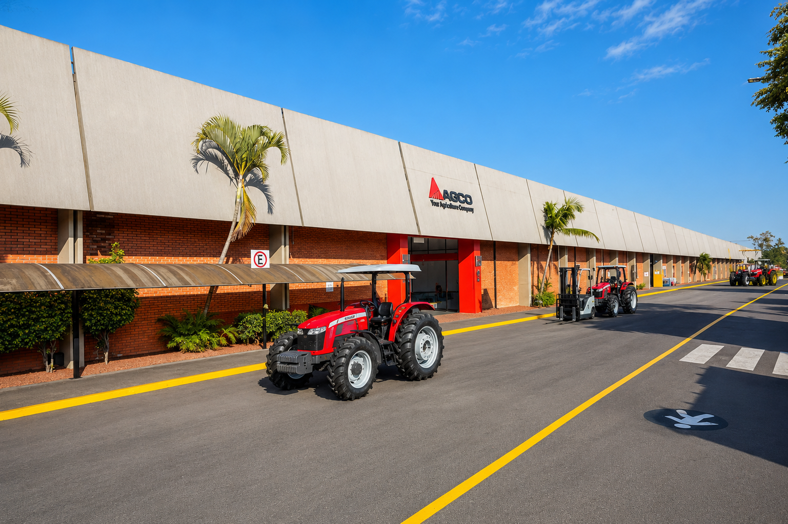 Fachada industrial da AGCO com tratores vermelhos em exposição