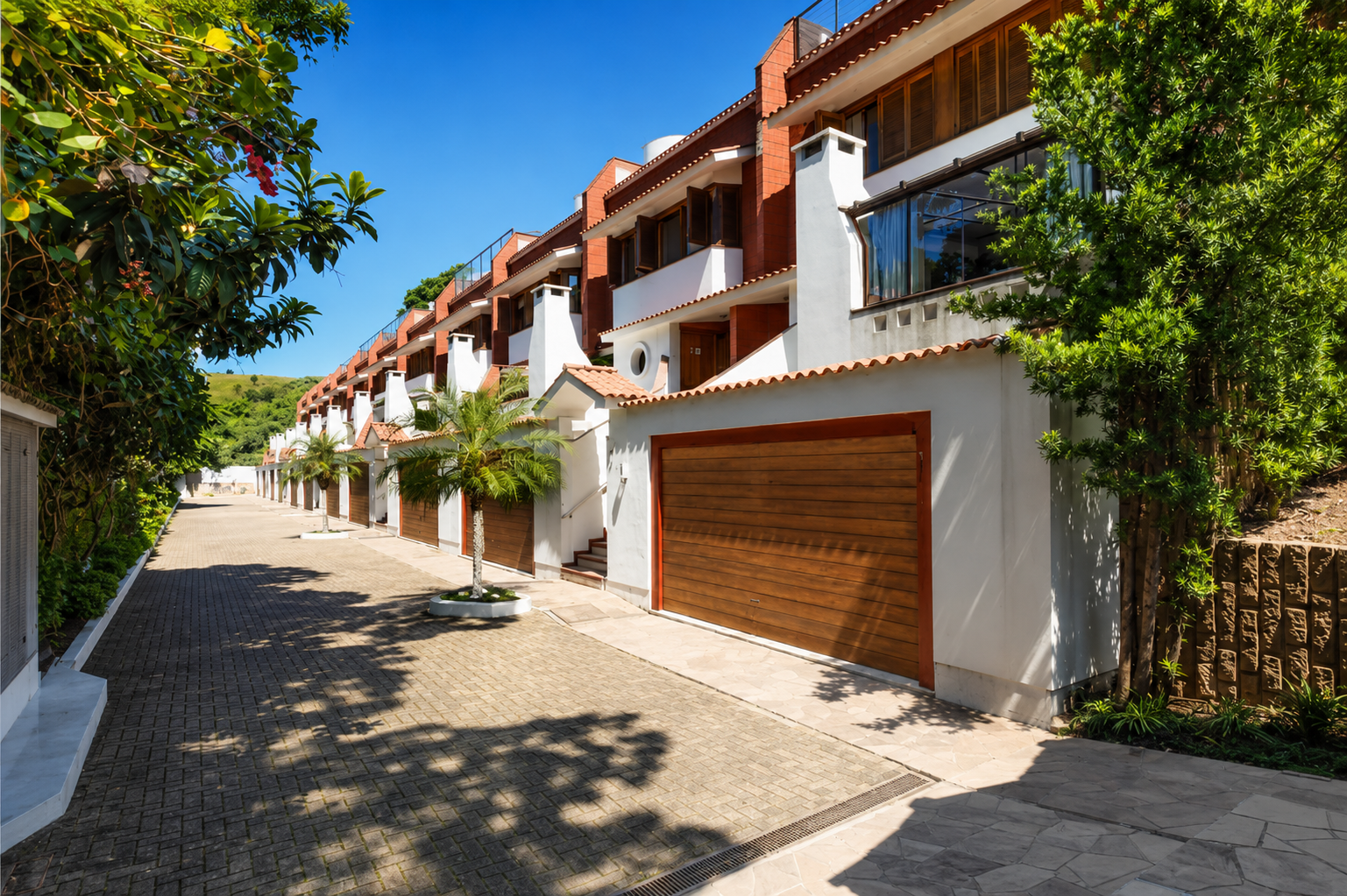 Condomínio residencial Encosta do Guaíba com casas em fileira, garagens de madeira e jardins